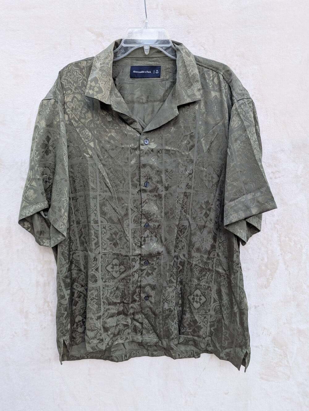 Abercrombie & Fitch Green Jacquard Pattern Short Sleeve Camp Button Up Shirt XL